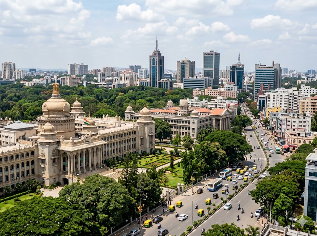an aerial view of Bangalore's iconic Vidhana Soudha alongside its lush green canopies and a modern skyline.