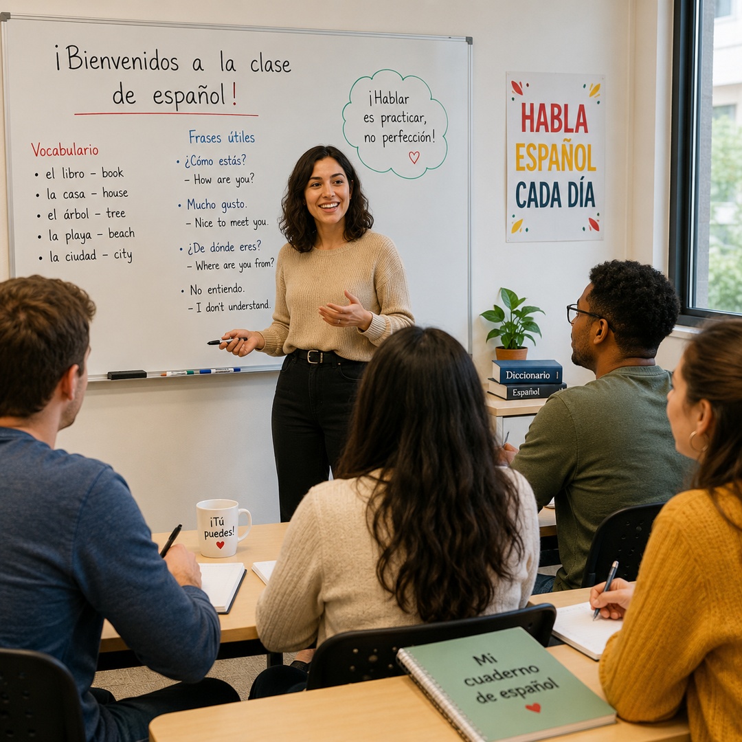 Students learning Spanish Language Classes in BTM Layout at Spoken English BTM with expert trainer in interactive classroom
