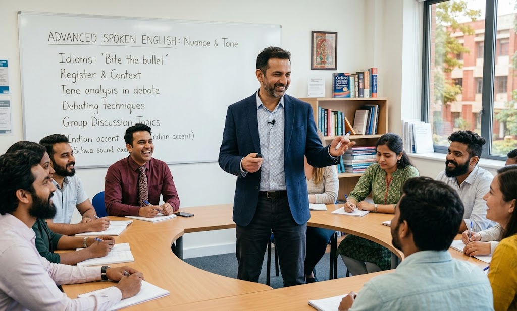 Expert trainer guiding beginner students in Basic spoken English classes in BTM layout at Spoken English BTM Bangalore